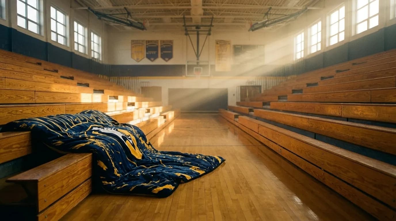 Empty high school gym at dawn with a navy-and-gold mascot blanket draped over the wooden bleachers