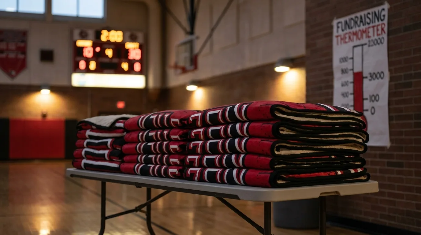Stack of folded red-and-black school blankets on a folding table in a gym, with the scoreboard and a fundraising thermometer poster behind