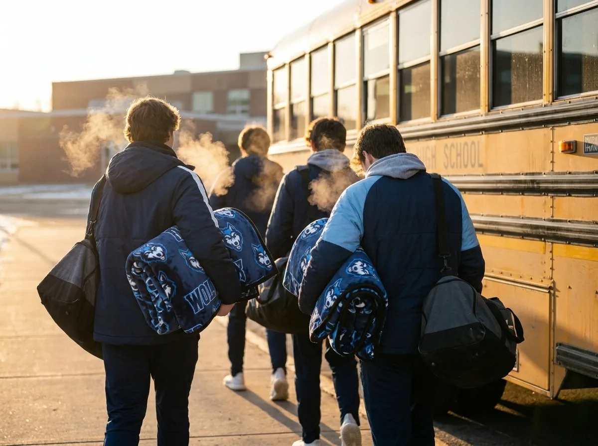 Four high school athletes carrying duffel bags and custom team blankets as they board a yellow school bus on a cold morning