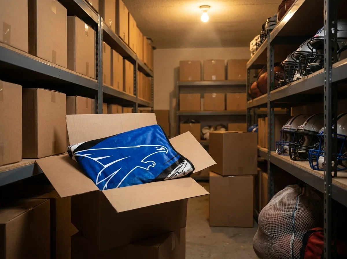 Open cardboard shipping box revealing a blue wildcat mascot blanket in a school equipment room lined with helmets and storage boxes