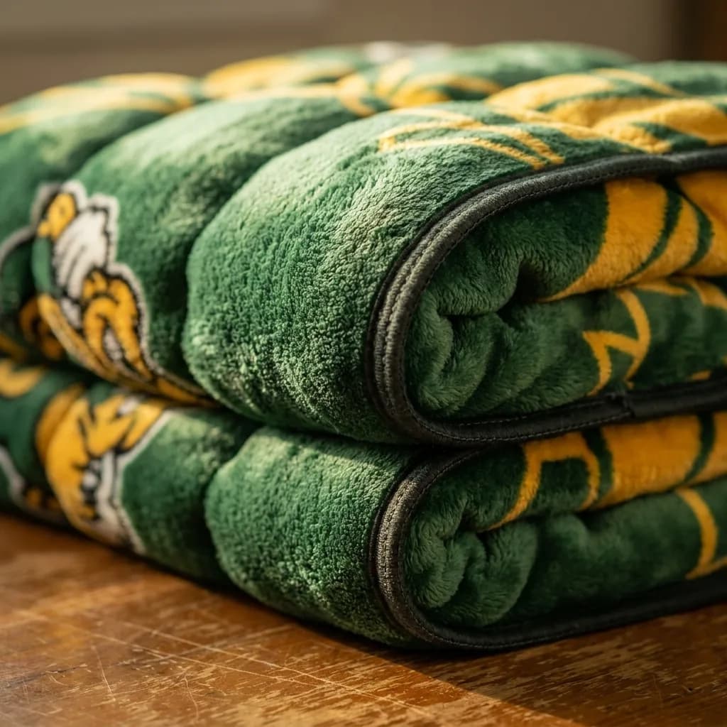 Close-up of two folded green-and-gold plush blankets showing the thick binding and dense NubaySoft pile