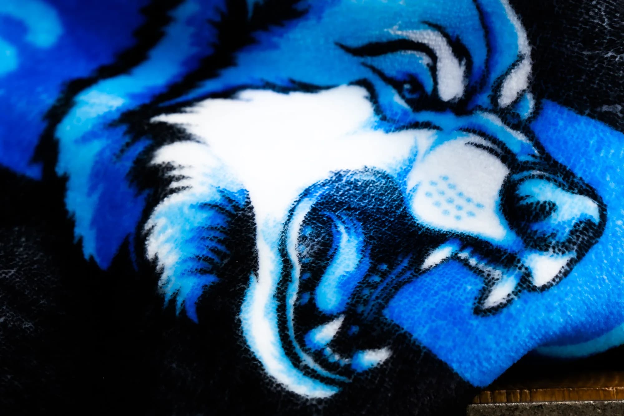 Extreme close-up of a mascot printed on plush blanket fabric, showing the dense high-GSM NubaySoft pile